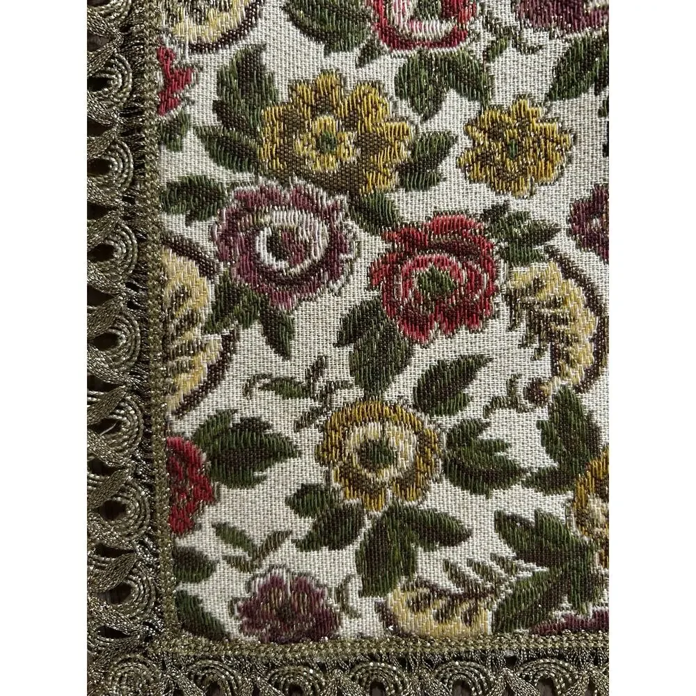 Square Floral Fabric Placemat Green/Gold/Red/Beige with Gold Fringe Trim